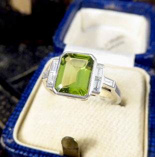 Art Deco Style Peridot Ring with Diamond Set Shoulder