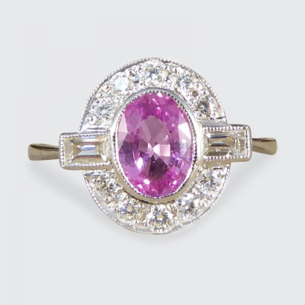Art Deco Style Pink Sapphire and Diamond Cluster Ring