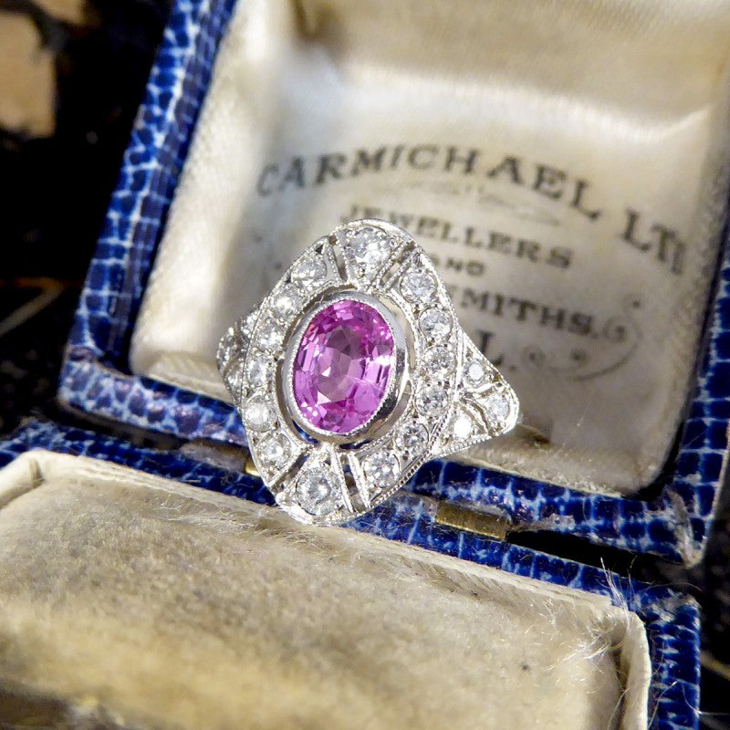 Art Deco Style Pink Sapphire and Diamond Navette Plaque Ring