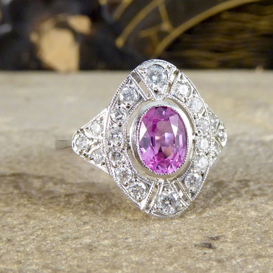Art Deco Style Pink Sapphire and Diamond Navette Plaque Ring