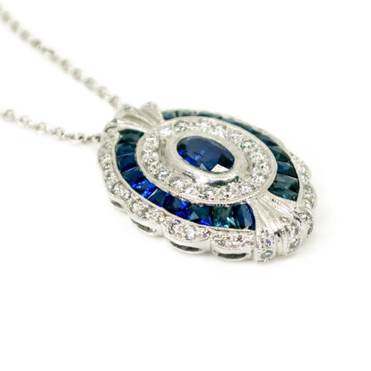 Art Deco Style Sapphire Diamond 18ct White Gold Pendant Necklace