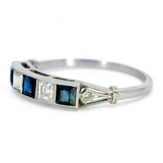 Art Deco Style Sapphire and Diamond Platinum Five Stone Ring