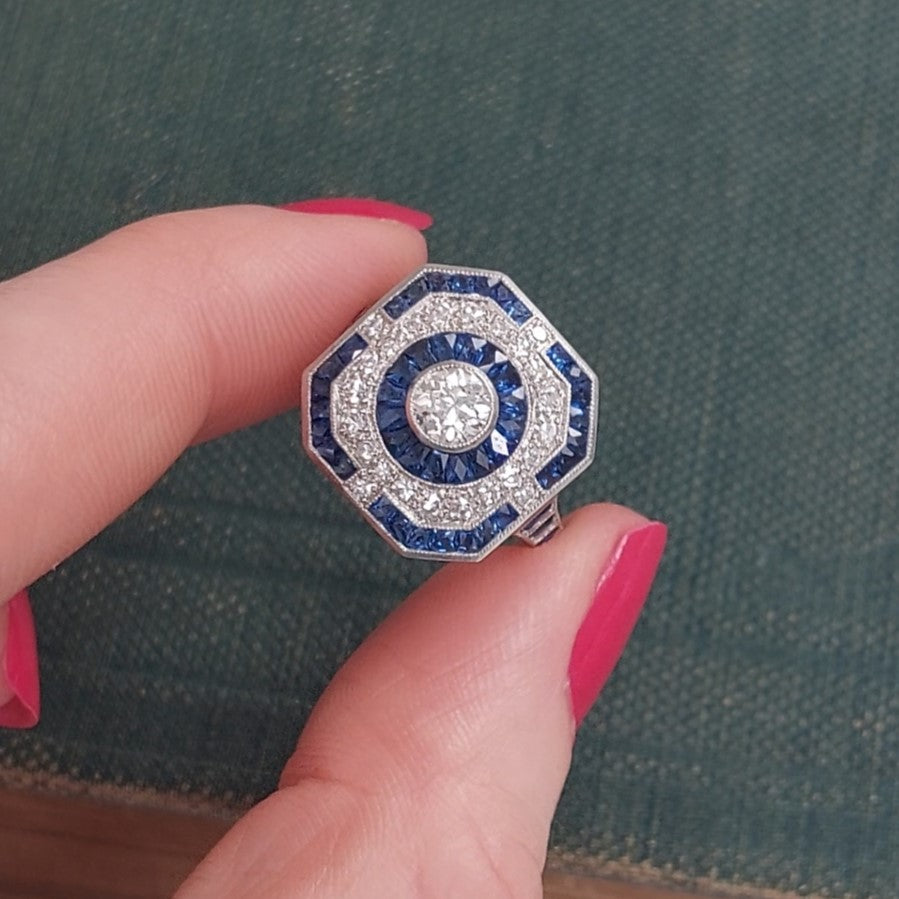 Art Deco Style Sapphire and Diamond Target Ring, 0.70ct