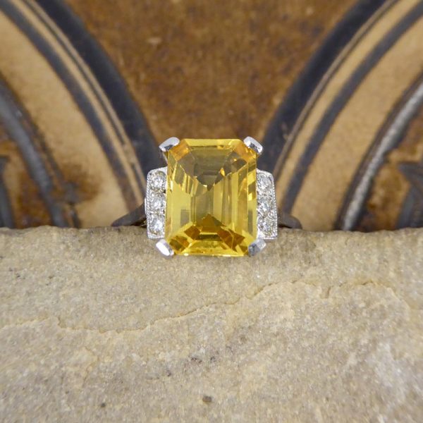 Art Deco Style Yellow Sapphire 3.70cts and Diamond Platinum Ring