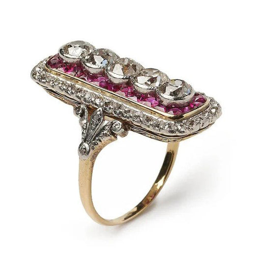 Art Deco Ruby and 2ct Old Cut Diamond Five Stone Cluster Plaque Ring