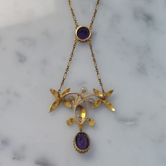 Art Nouveau Antique Amethyst and Pearl Pendant Necklace