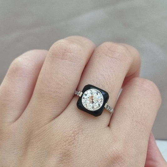 Art Deco 2 Carat Old Cut Diamond & Onyx Target Ring