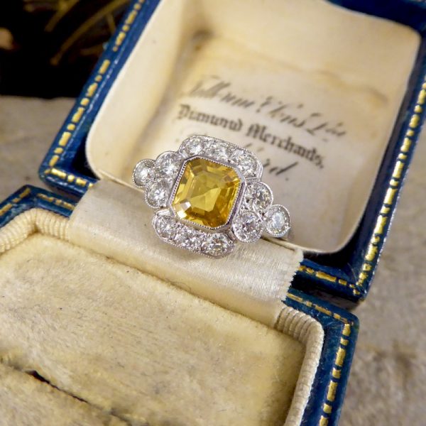 Asscher Cut 1.15ct Yellow Sapphire and Diamond Cluster Ring