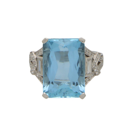 Art Deco Inspiried Aquamarine and Diamond Cocktail Ring In Platinum