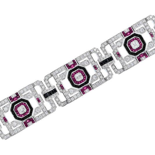 Art Deco Inspired Diamond Ruby and Black Onyx Wide Bracelet