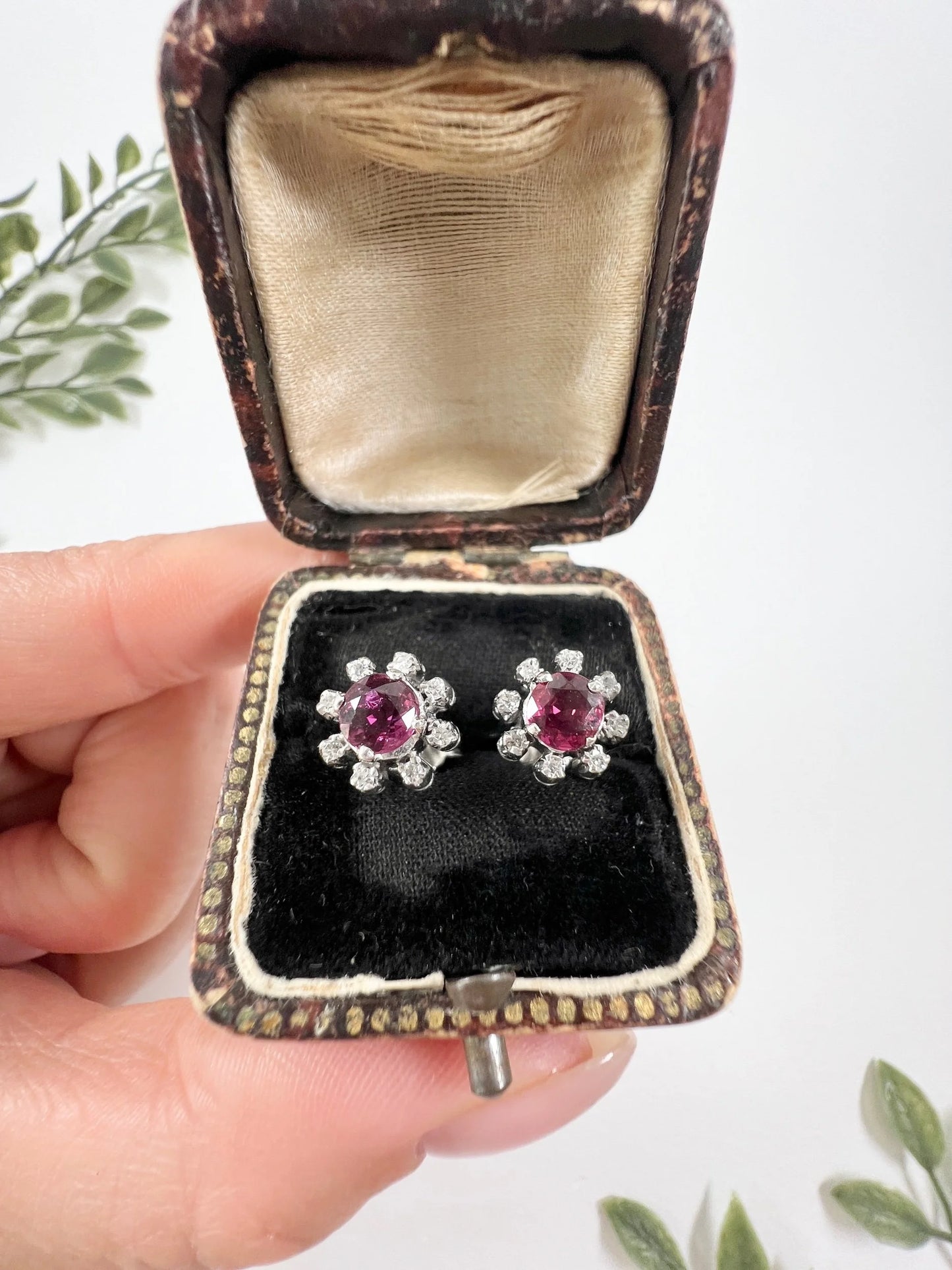 Preloved 18ct White Gold, Ruby & Diamond Cluster Stud Earrings