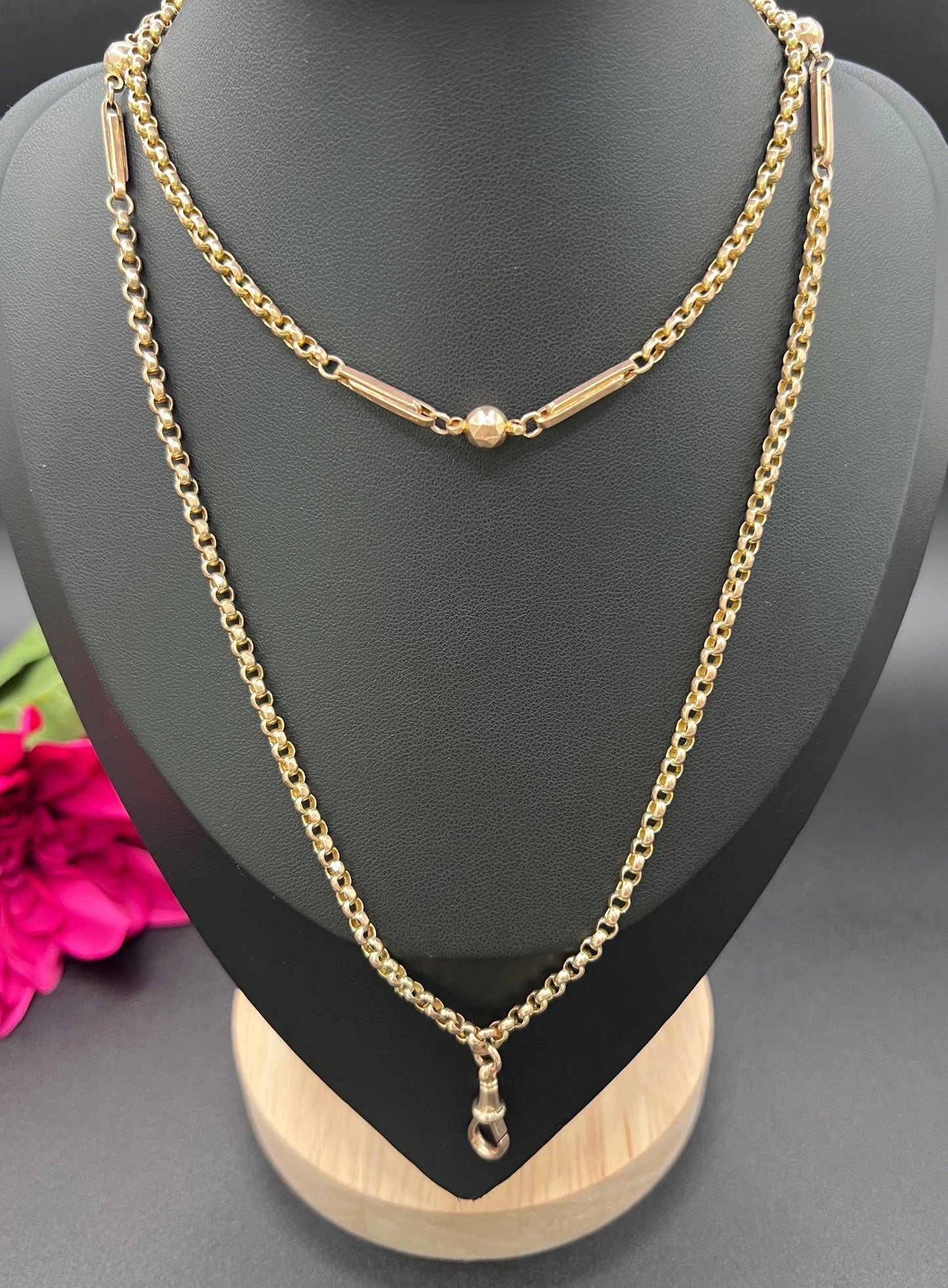 Antique 9ct Rose Gold, Edwardian Fancy Paperclip & Ball Link Belcher Chain 30 Inch