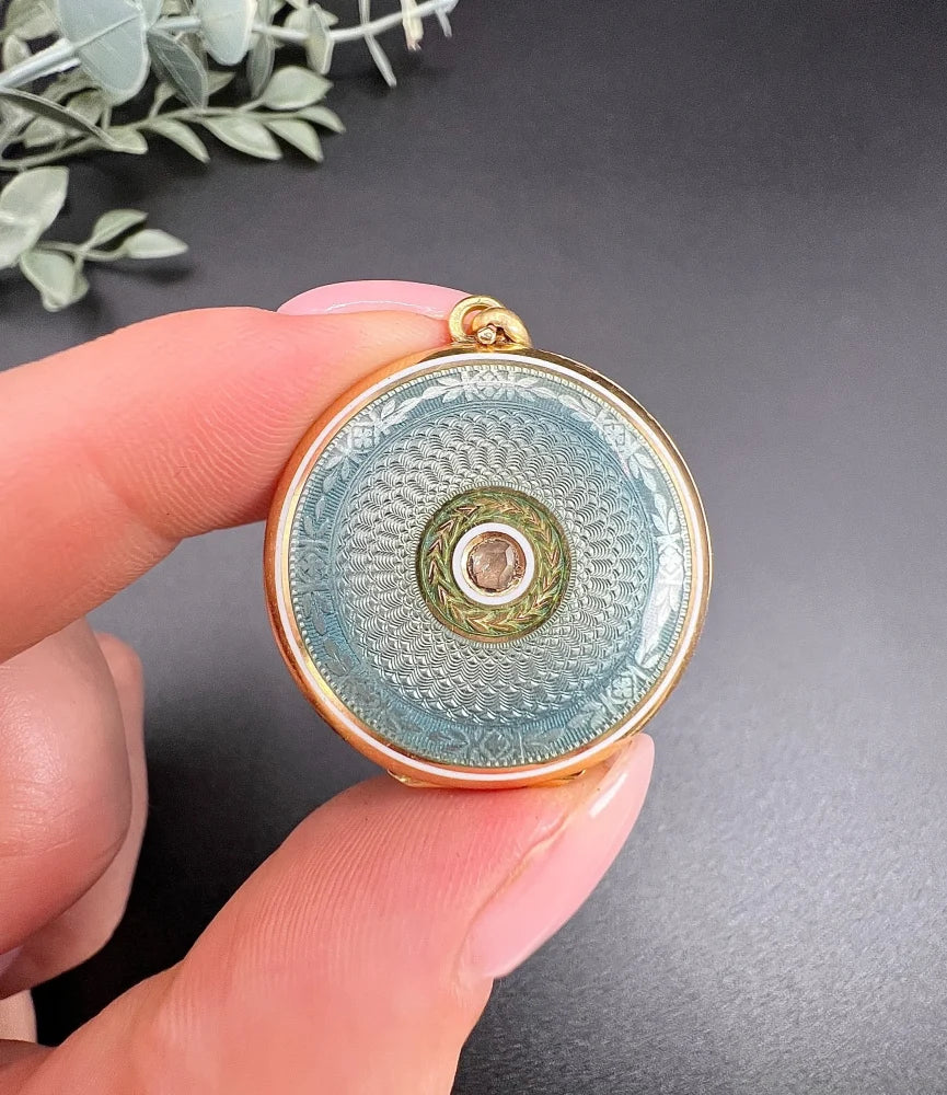 Edwardian Guilloche Enamel And Diamond Locket In 18 Carat Yellow Gold