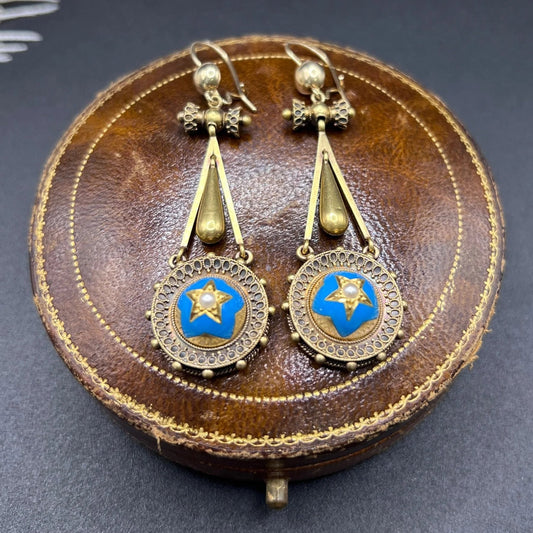 Early Victorian Antique Pearl and Turquoise Enamel Star Drop Earrings