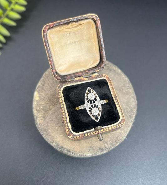 Antique 18 ct Gold And Platinum Open Work Diamond Marquise/Navette Shaped Ring