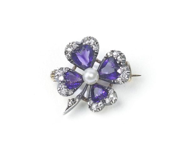 Antique Victorian Amethyst & Diamond Four-Leaf Clover Brooch