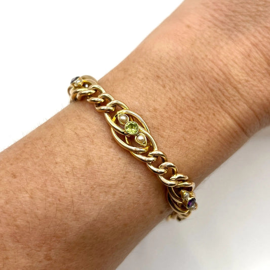 Edwardian Antique Amethyst Peridot and Pearl Suffragette Curb Link Bracelet in 15ct Gold