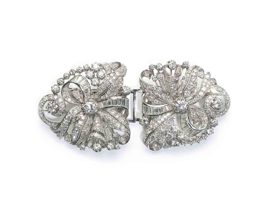 1950s Double Diamond Platinum Clip Brooch
