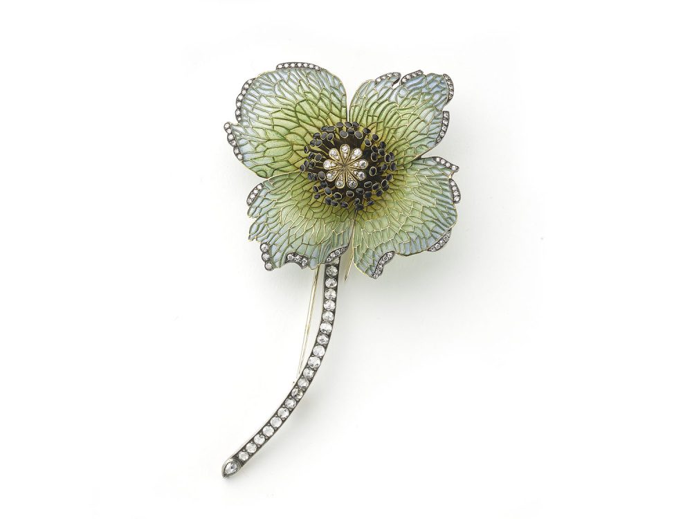 Blue and Green Enamel and Diamond Poppy Brooch