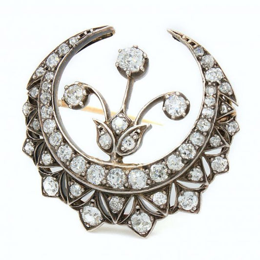 Antique Victorian Diamond Crescent and Flower Brooch