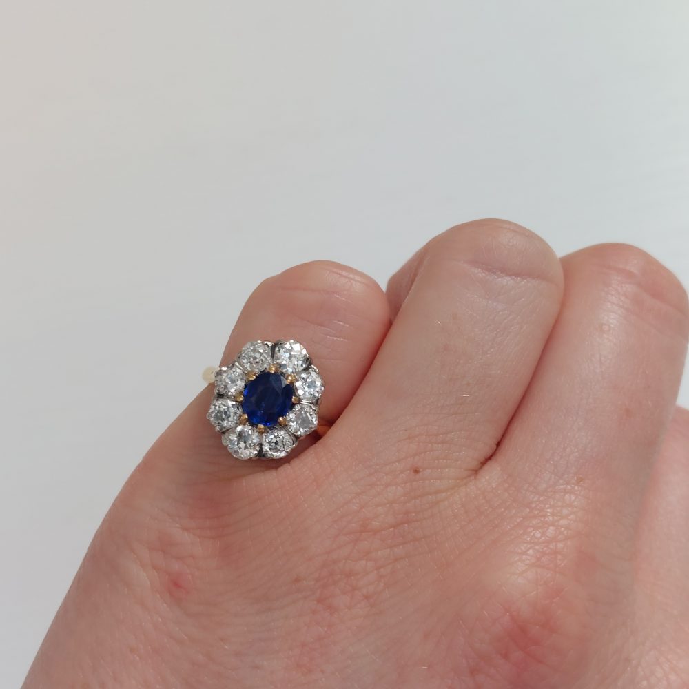 Antique Edwardian 1ct Sapphire and Old Cut Diamond Cluster Ring