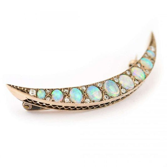 Antique Victorian Opal and Diamond Crescent Brooch Circa 1890