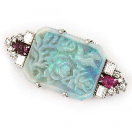 Antique Art Deco Platinum 7.30ct Carved Opal Ruby and Diamond Brooch Circa 1920