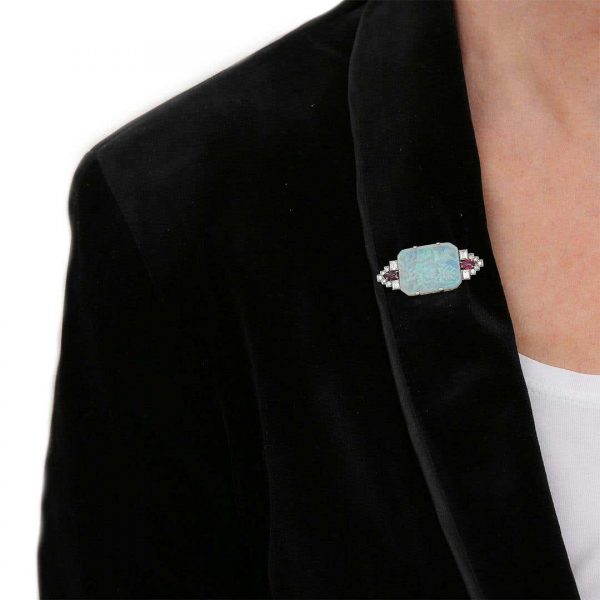 Antique Art Deco Platinum 7.30ct Carved Opal Ruby and Diamond Brooch Circa 1920