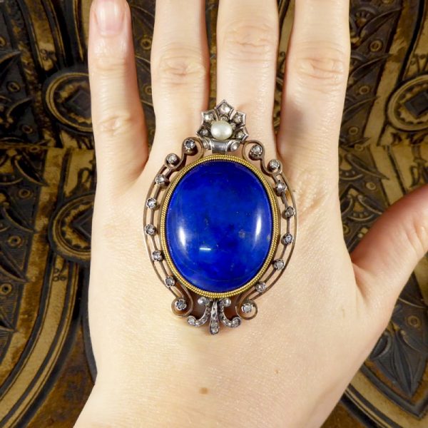 Antique Victorian Lapis Lazuli and Pearl Brooch