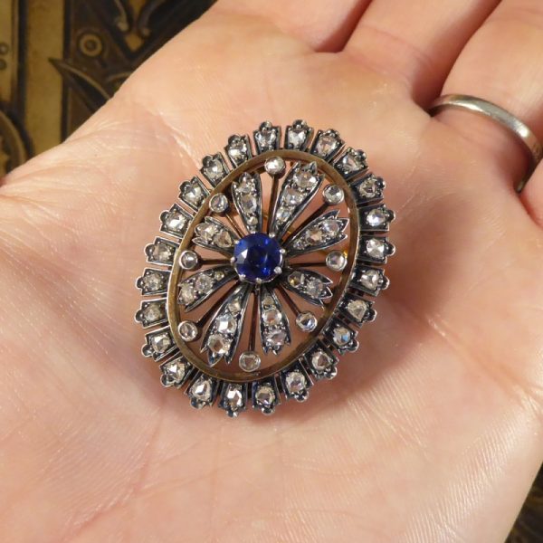 Antique Victorian Sapphire and Diamond Cluster Brooch in Silver and Gold