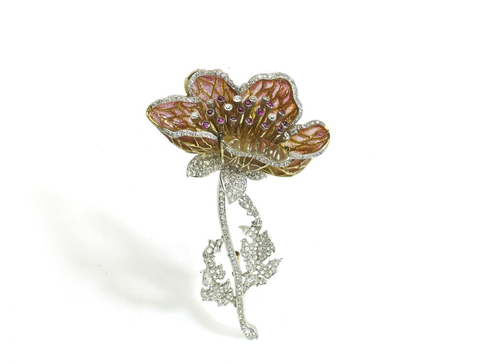 Orange to Yellow Enamel Diamond Poppy Brooch