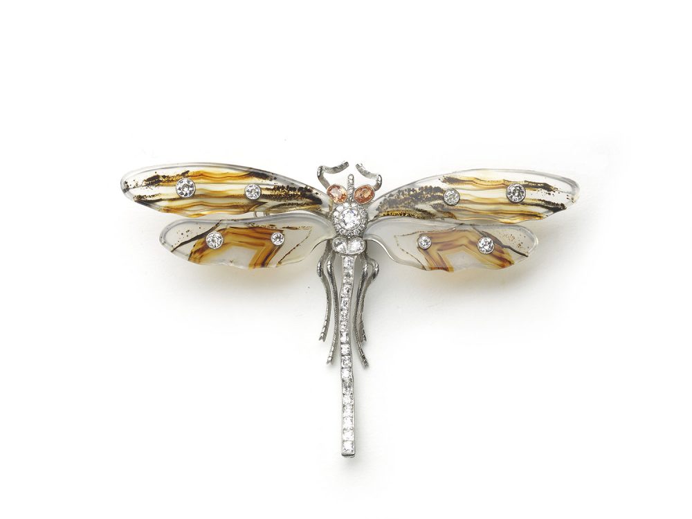 Agate and Old Cut Diamond Dragonfly Brooch