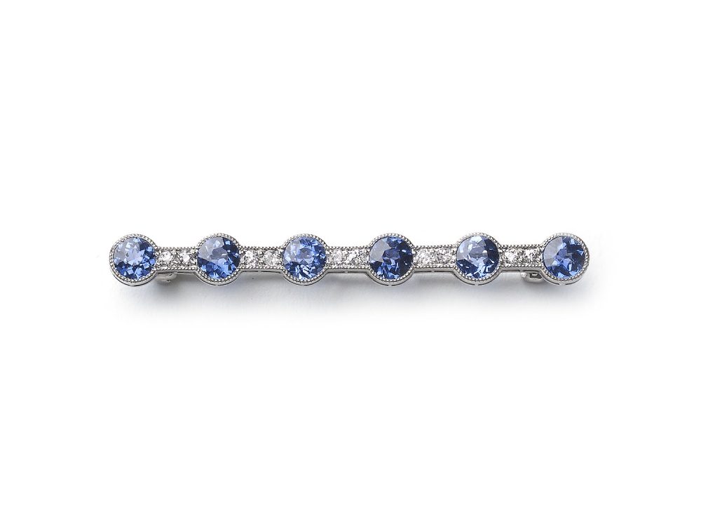 Antique Edwardian Montana Sapphire Diamond Platinum Bar Brooch
