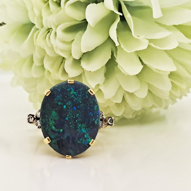 Vintage Black Opal and Diamond Ring, Circa 1960s