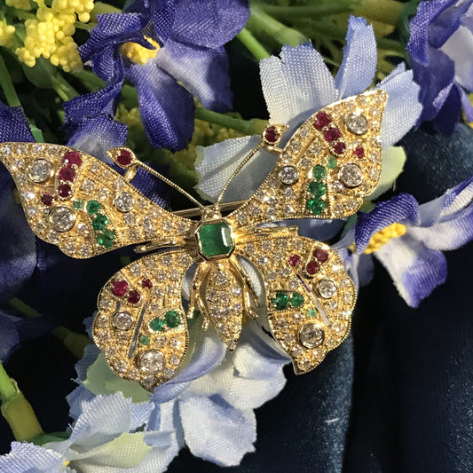 Emerald Ruby and Light Brown Diamond Butterfly Brooch
