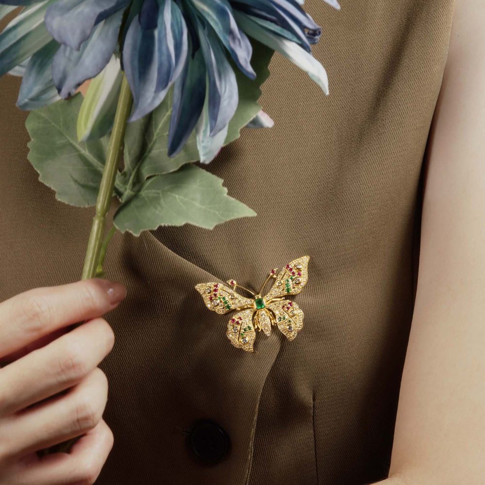 Emerald Ruby and Cognac Diamond Butterfly Brooch