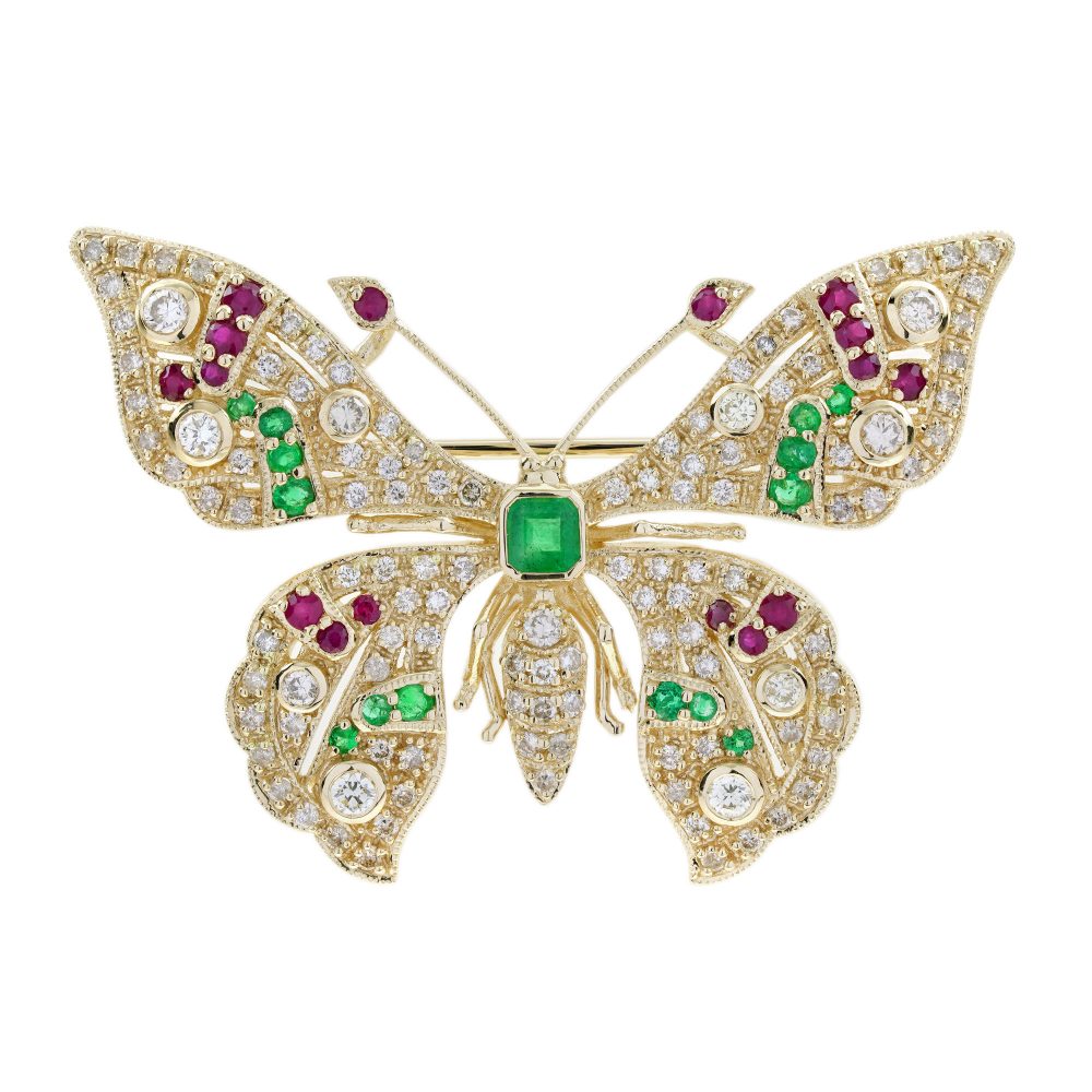 Emerald Ruby and Cognac Diamond Butterfly Brooch