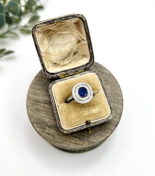 Preloved Vintage Sapphire & Diamond Double Halo Engagement Ring, Target Ring