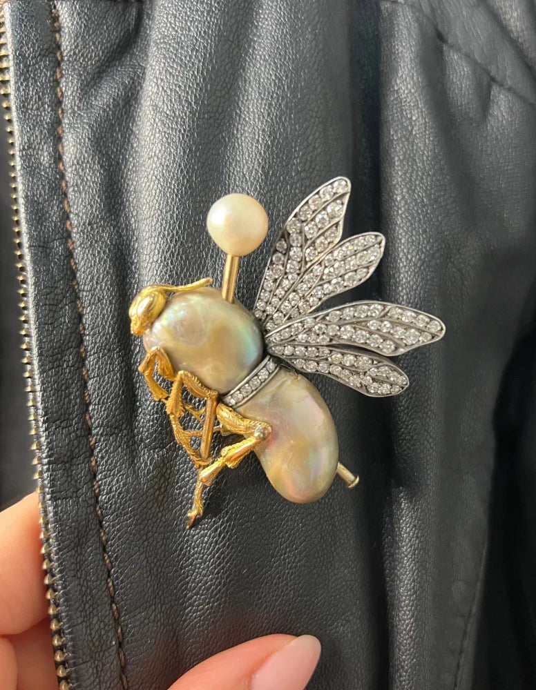 Vintage Abalone Pearl Insect Brooch with Diamonds