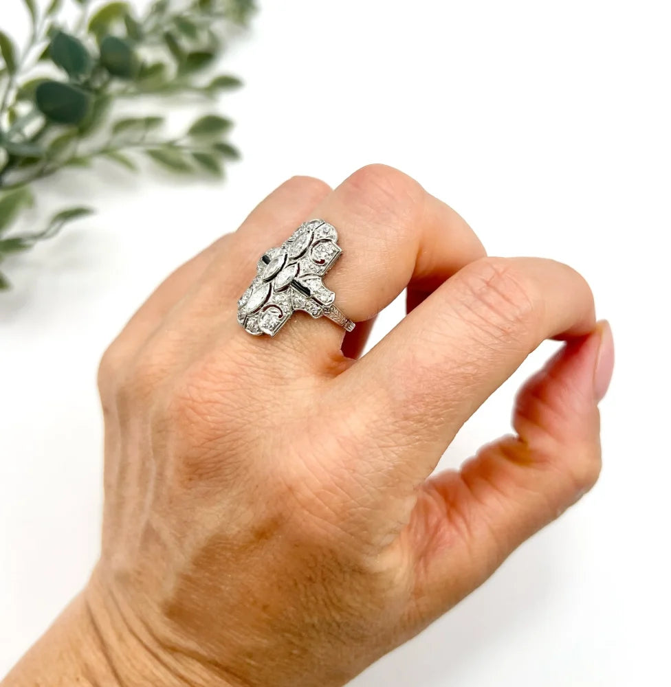 Vintage Marquise Diamond and Onyx Plaque Ring