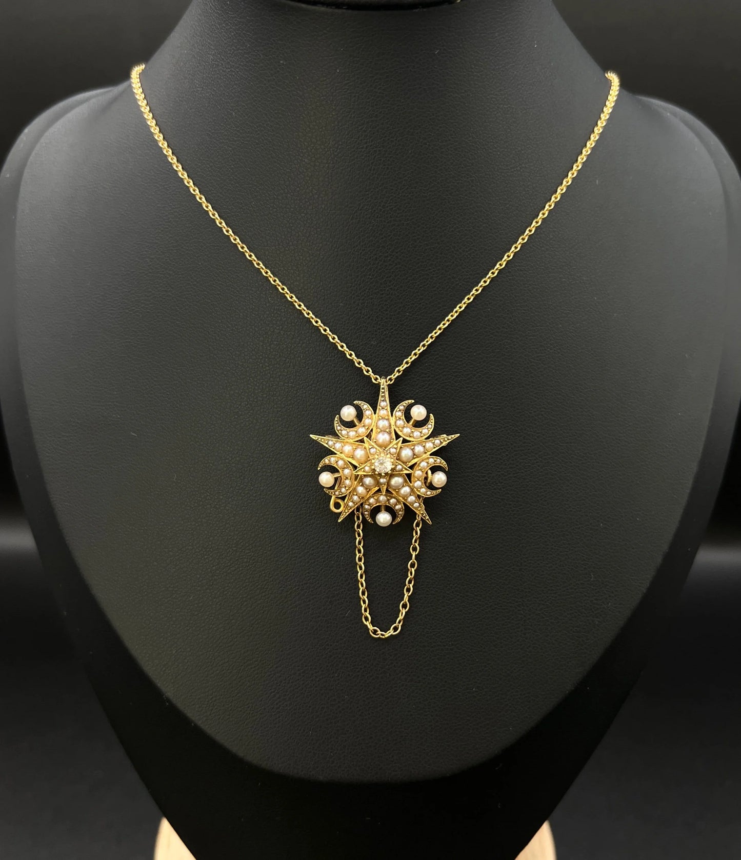 Antique 15 Carat Yellow Gold Diamond and Seed Pearl Crescent Star Brooch/Pendant