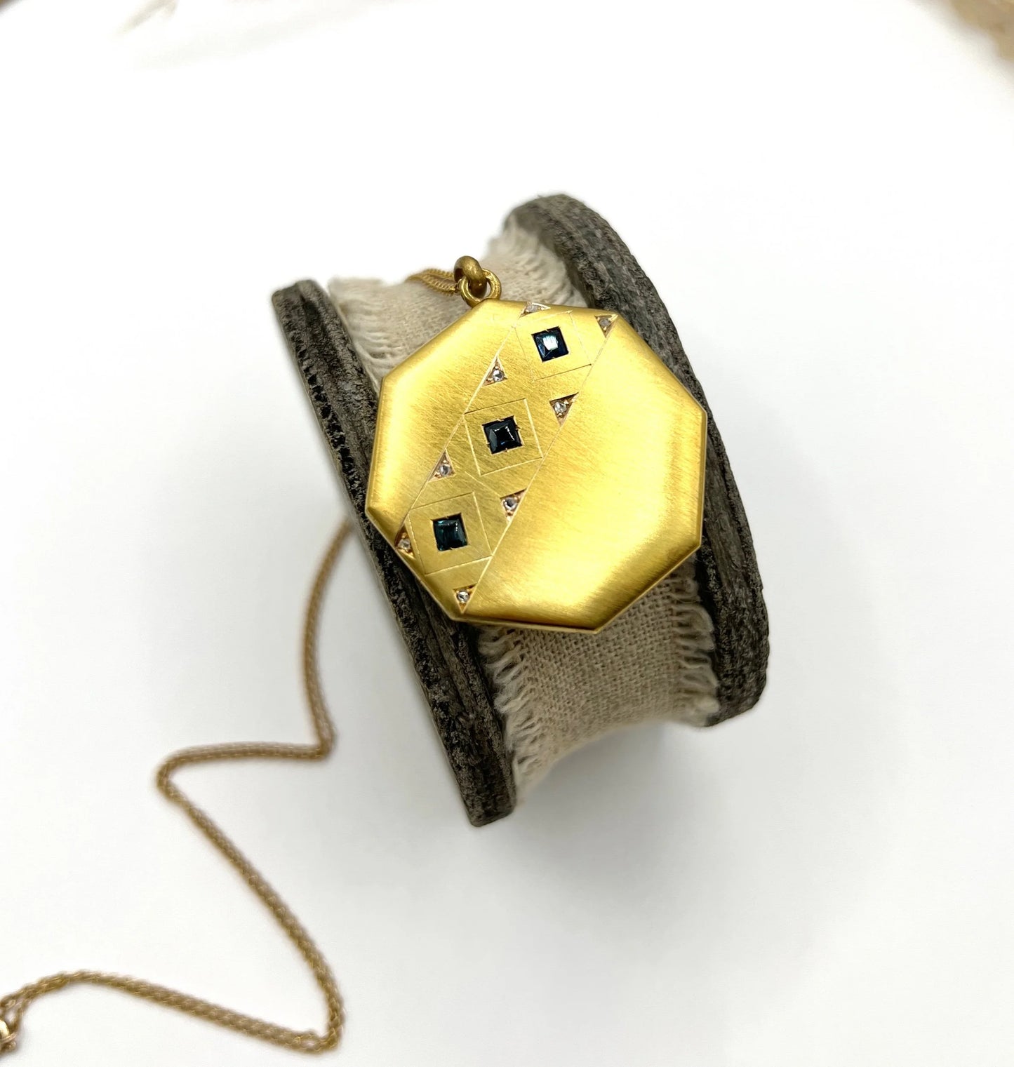 Vintage 15 Carat Yellow Gold Octagonal Shaped Sapphire and Diamond Locket, Circa 1930