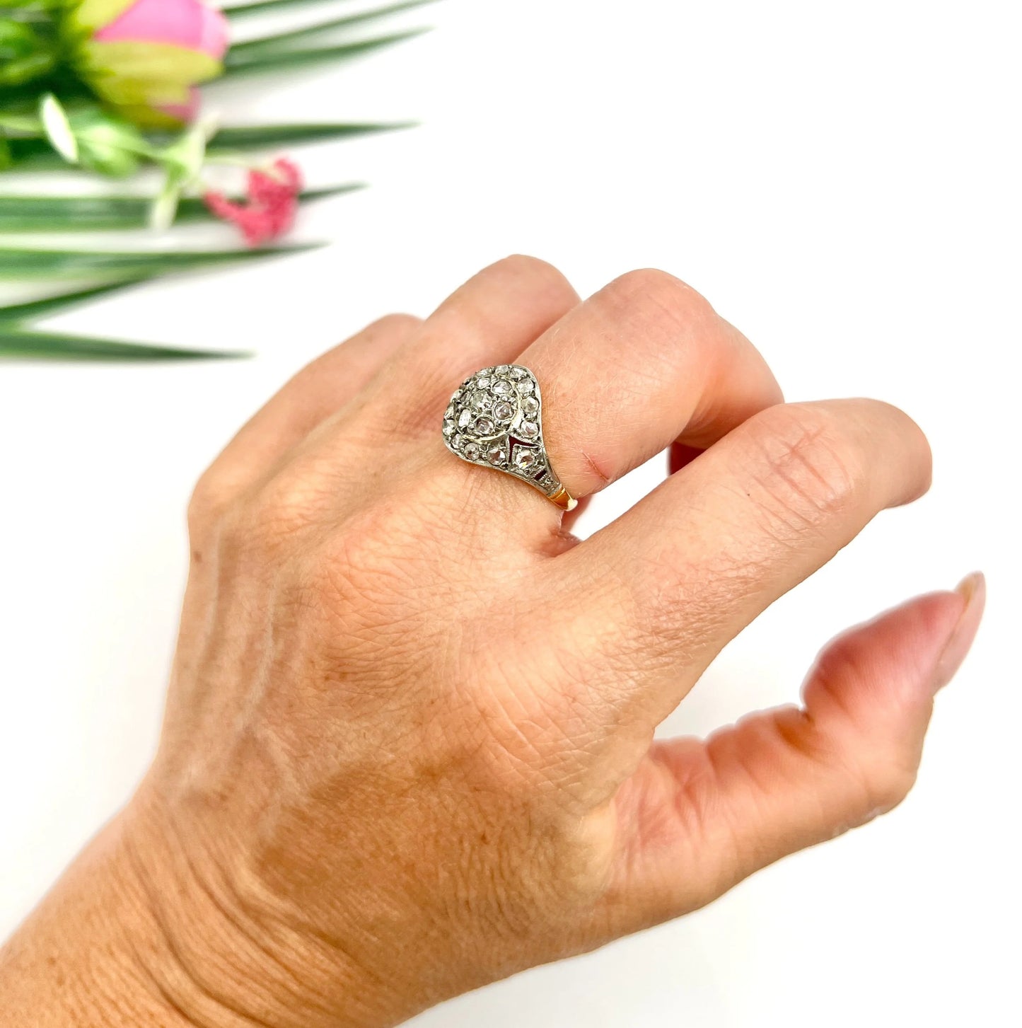Victorian 18 Carat Gold and Silver Rose Cut Diamond Dome Shaped Ring, Circa 1870