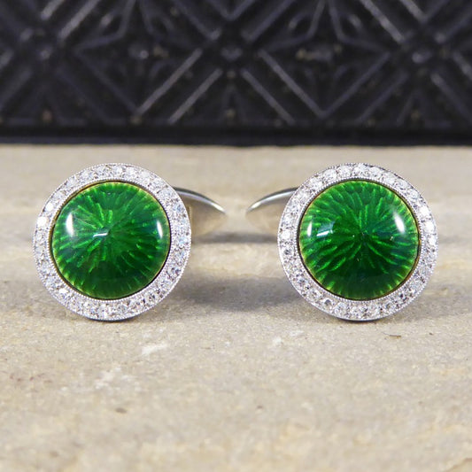 Green Enamel & Diamond Halo Cufflinks