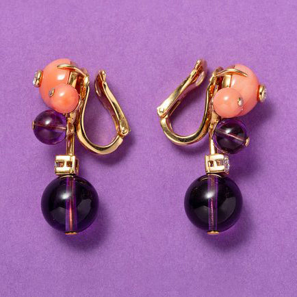 Unique Cartier Clip Earrings with Cabochon Coral and Amethyst Beads with Diamonds in 18ct gold. Signed and numbered Cartier, model Delice de Goa