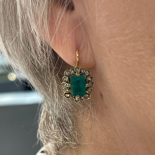 Antique Natural Colombian Emerald and Diamond Earrings