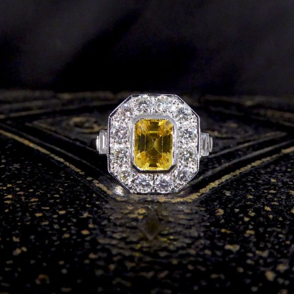 Contemporary Art Deco Style Yellow Sapphire and Diamond Cluster Ring