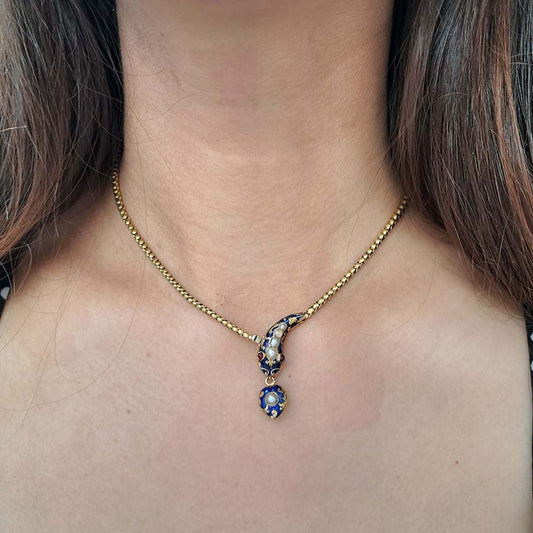 Victorian Antique Natural Pearl Blue Enamel and Gold Snake Necklace with Garnet Eyes, Circa 1850