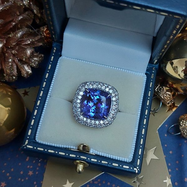10.92ct Tanzanite and Diamond Cushion Cluster Ring