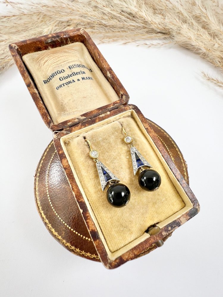 Antique 18ct Gold & Platinum, Edwardian Diamond, Sapphire, Onyx Drop Dangle Earrings